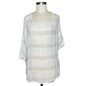 NAMSAR White Tan Brown Striped Linen Blouse Women's Size One Size Lagenlook
